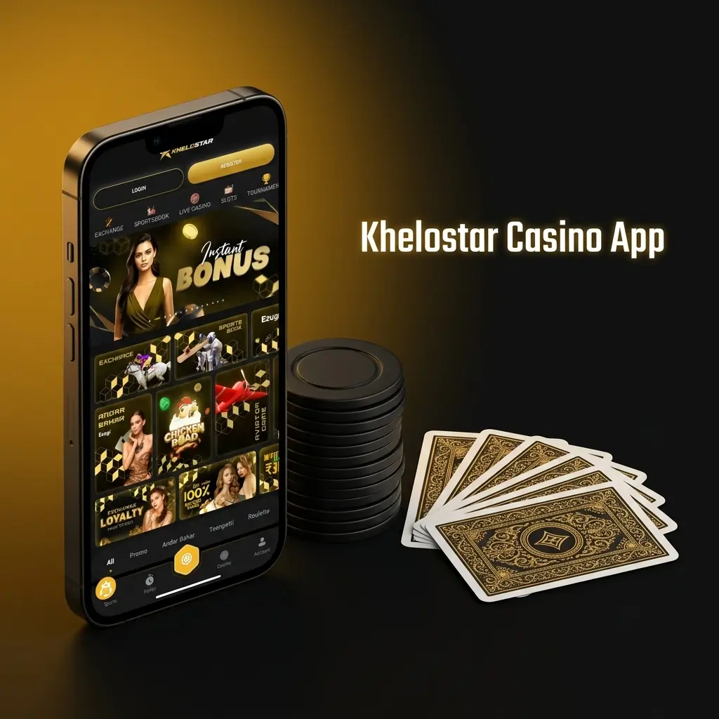 Khelostar casino app displaying slots, live dealer games, Andar Bahar, Teen Patti, and table games on mobile
