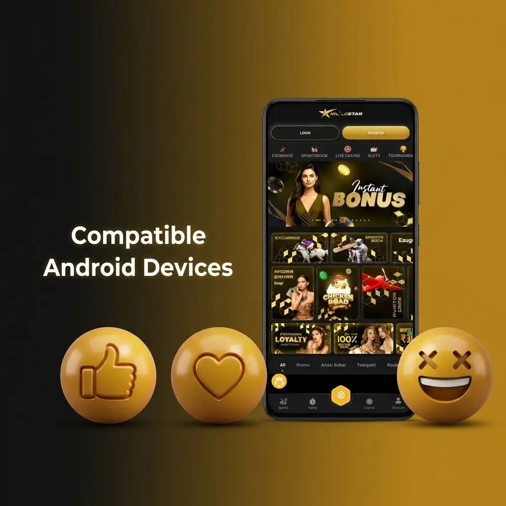Compatible Android devices for Khelostar app including Samsung, Redmi, Realme, Vivo, OPPO, OnePlus, and Poco models