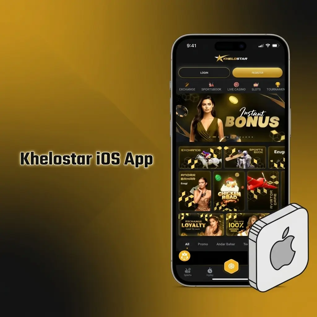 Khelostar iOS app for iPhone and iPad showing sports betting, live casino, and INR payment features