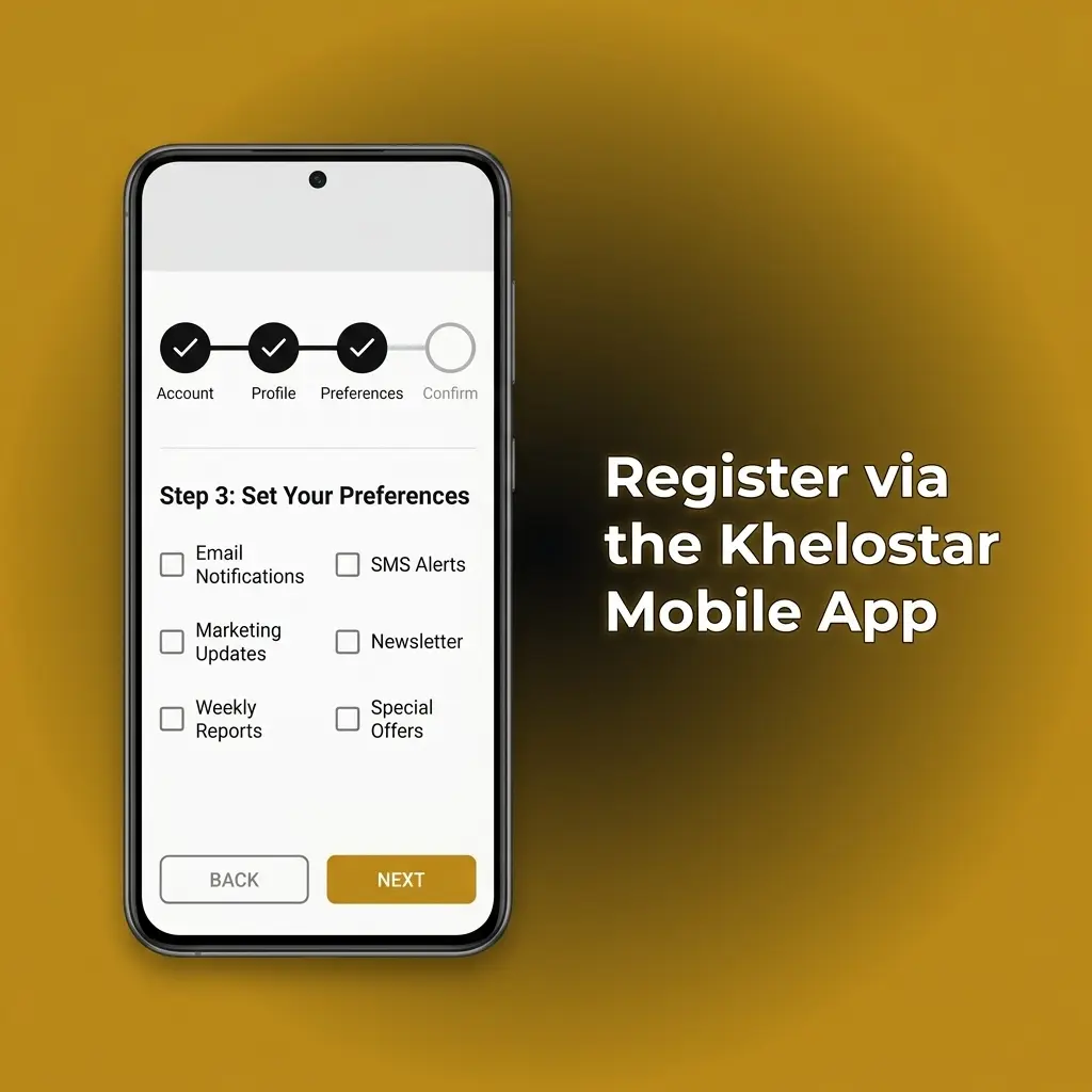 Khelostar mobile app registration steps on Android showing Sign Up process with phone, email, and Google options