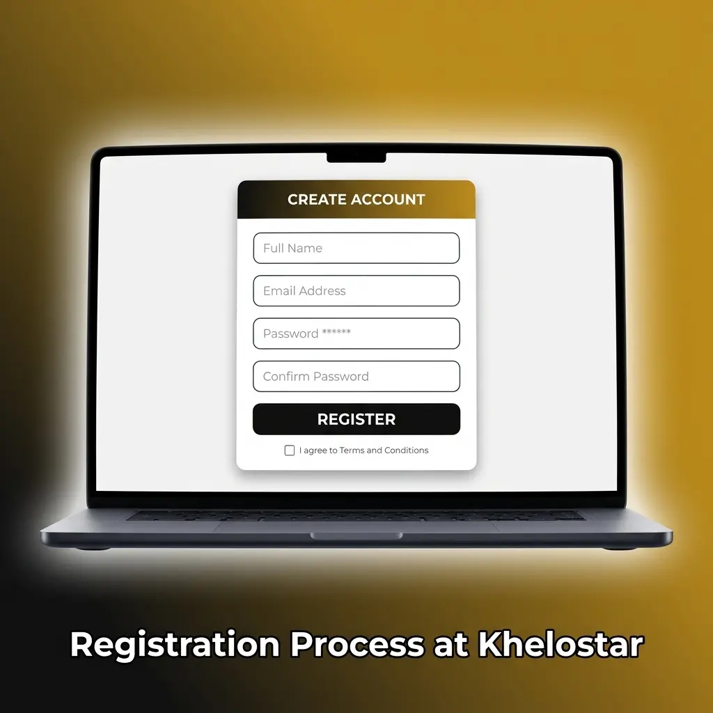 Step-by-step Khelostar registration process showing account setup, currency selection, and welcome bonus claim up to INR 1,00,000