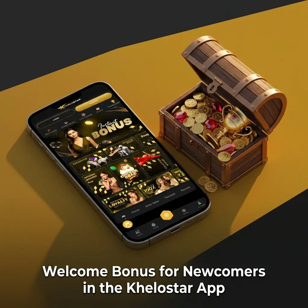 Khelostar app welcome bonus options showing 100% match casino bonus up to INR 1,00,000 and sports bonus up to INR 10,000